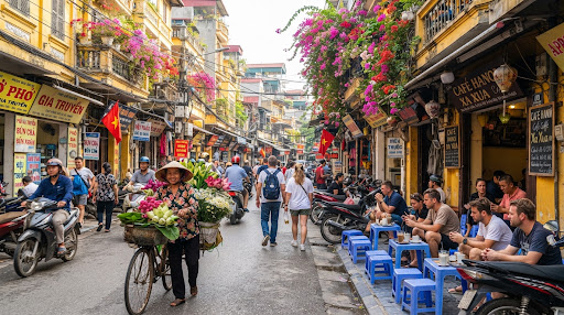 Cảnh phố cổ Hà Nội tấp nập ban sáng với gánh hoa sen, quán cà phê vỉa hè và giàn hoa giấy rực rỡ