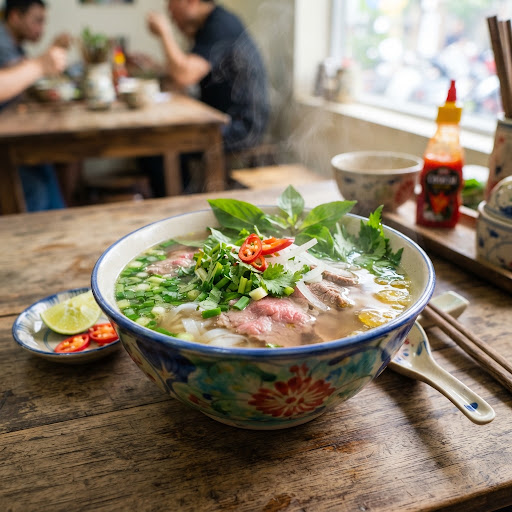 Bát phở bò gia truyền Hà Nội bốc khói với thịt bò tái lăn, hành hoa, rau thơm trên bàn gỗ mộc