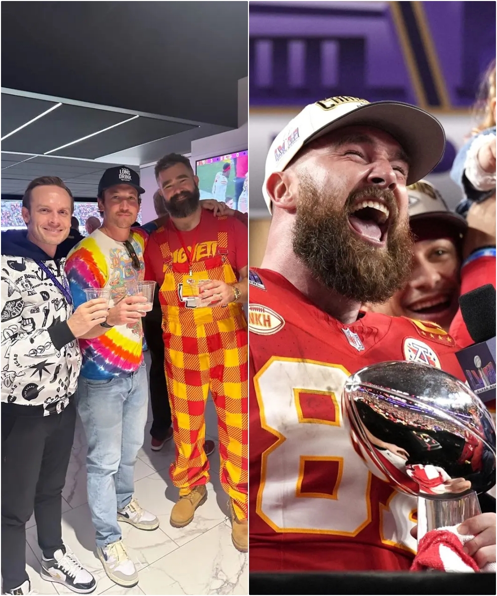 Jason Kelce poses with lifelong Eagles fan Miles Teller as they cheer
